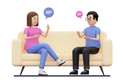 Two animated characters sitting on a couch, having a conversation with speech bubbles.